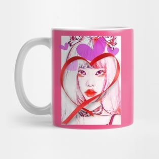 Young Asian Girl face framed in red ribbon heart Mug